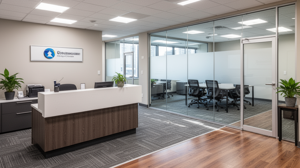 Representative clean professional office with reception, meeting areas, and maintained floors