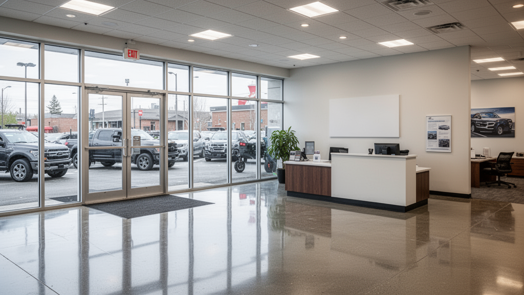 Representative clean showroom and reception with customer-facing floors and entrance glass