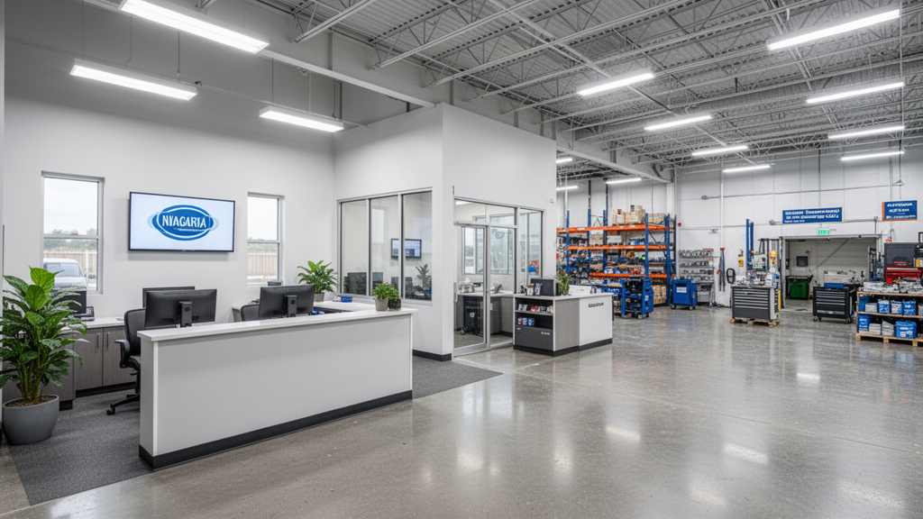 Representative mixed-use commercial facility connecting office, reception, and service-space environments